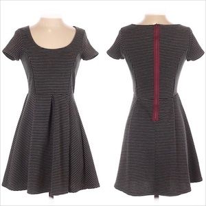 Rewind Black & Gray Striped Skater Dress with Burgundy Exposed Zipper